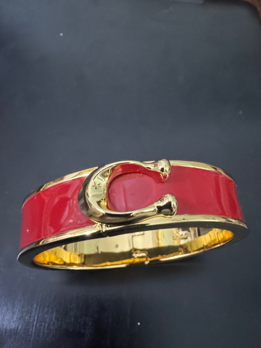 Coach Gold-Tone Red Enamel Hinge Bangle with Signature C Clasp